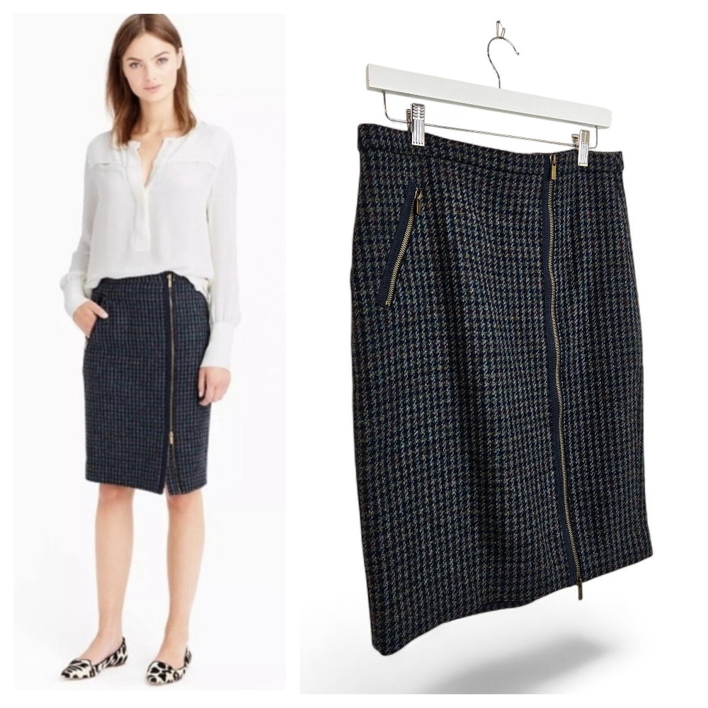 J.Crew Skirt Size 8 Houndstooth 100% Wool Pencil Zip Dark Academia Navy Burgundy